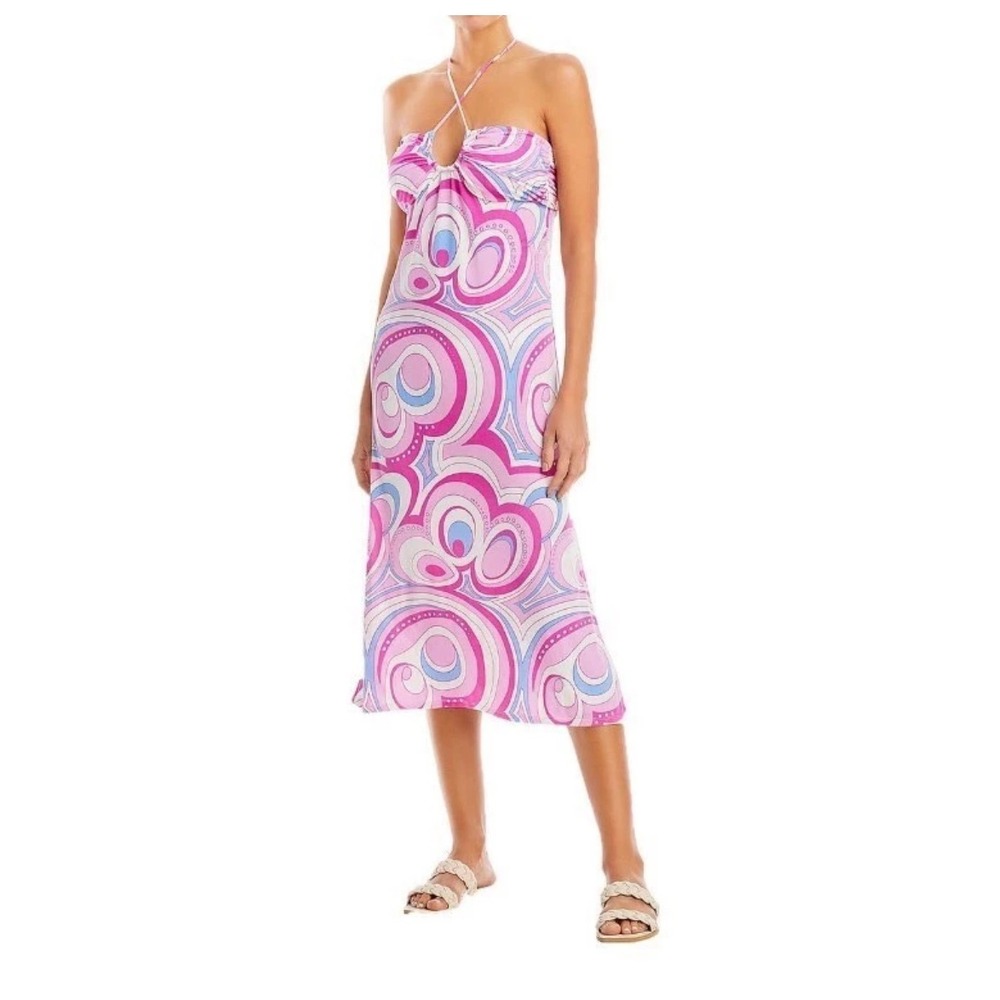 AQUA Swim Pink Swirl Halter Midi Dress Keyhole Ruched Cover Up 17288CH Womens S